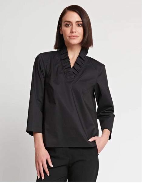 ¾ Sleeve Helena Ruffle Neck Shirt Black | XS