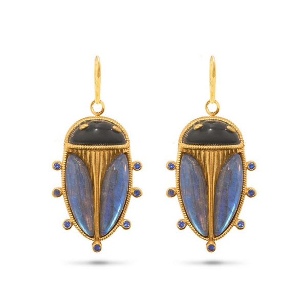 Scarab Petite Drop Earrings | BlueLabradorite/Black Agate