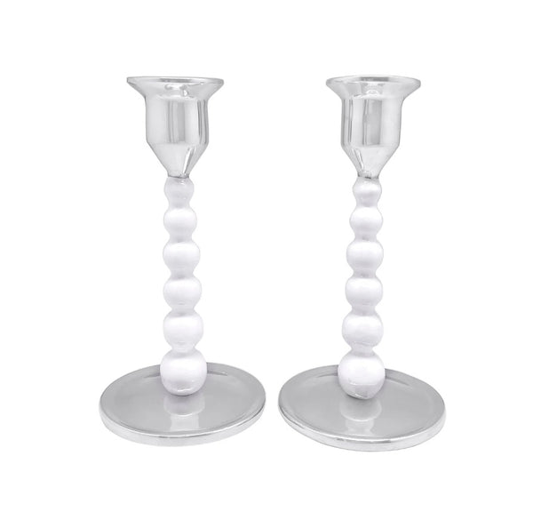 White Pearled Candlestick Set  | Small
