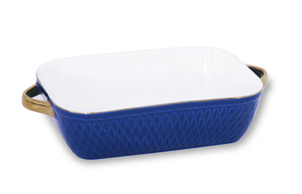 Ceramic Small Rectangular Baker w/Gold Handles | Blue