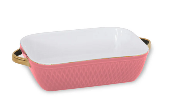 Ceramic Small Rectangular Baker w/Gold Handles | Salmon