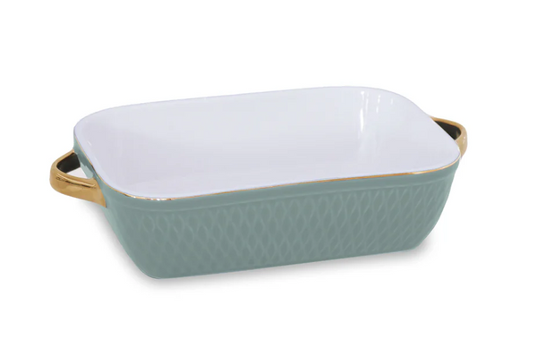 Ceramic Small Rectangular Baker w/Gold Handles | Sage