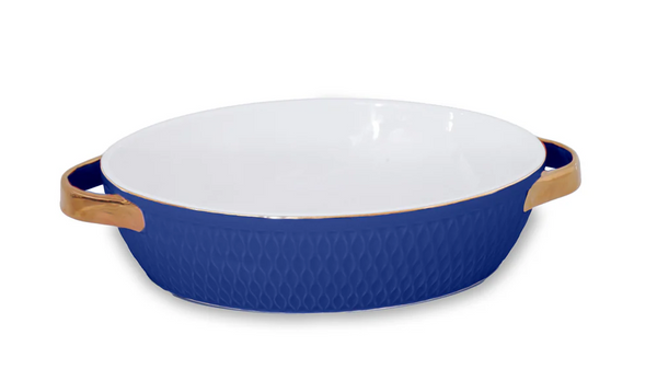 Ceramic Small Oval Baker w/Gold Handles | Blue