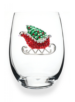 Red Christmas Sleigh Jeweled Stemless Wine Glass