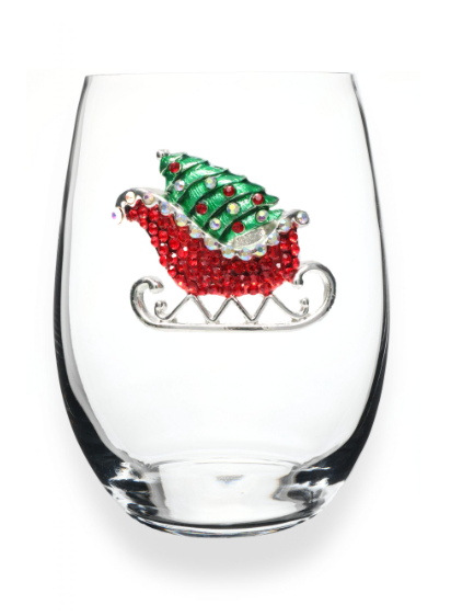 Red Christmas Sleigh Jeweled Stemless Wine Glass