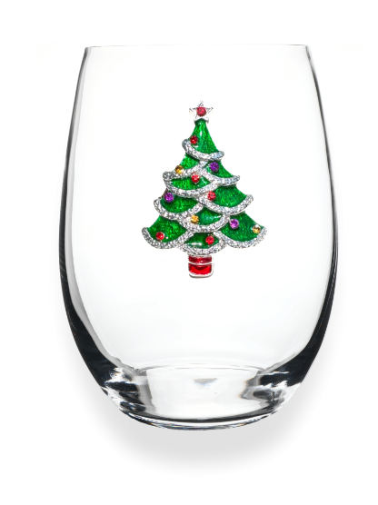 Christmas Tree Jeweled Stemless Wine Glass