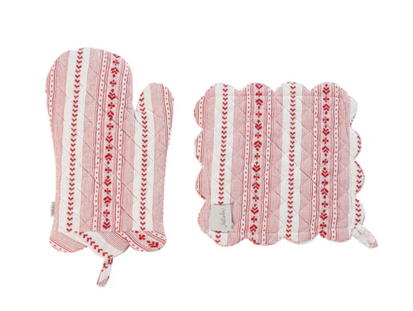 Villa Stripe Oven Mitt Set | Ruby
