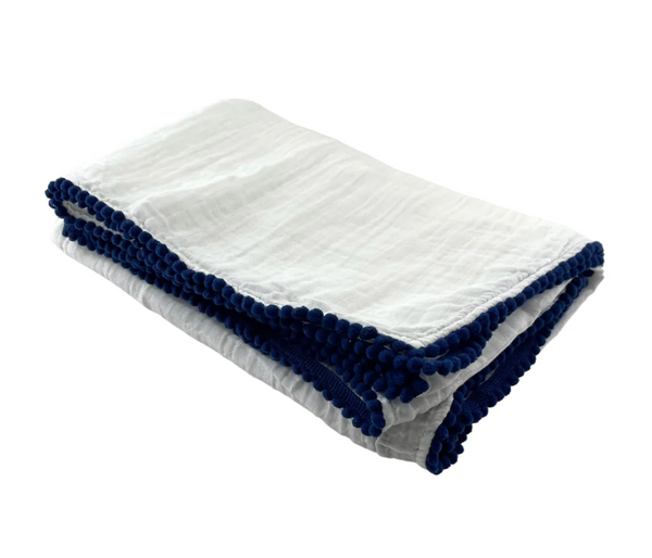 Cotton Muslin Swaddle Blanket | White/Navy