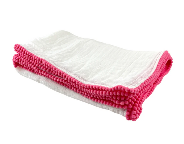 Cotton Muslin Swaddle Blanket | White/Hot Pink