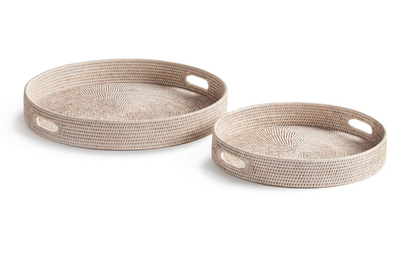 Burma Whitewash Rattan Round Ottoman Tray | 22"