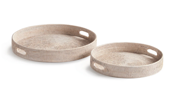 Burma Whitewash Rattan Round Ottoman Tray | 17.75"