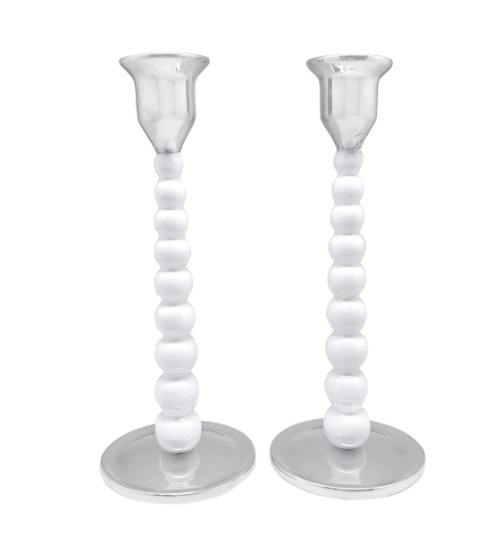 Medium Pearled Candlestick Set | White