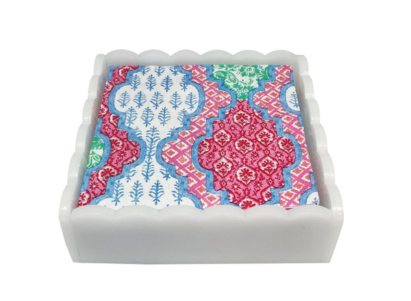 White Scallop Acrylic Beverage Napkin Box w/Provencal Pink Napkins