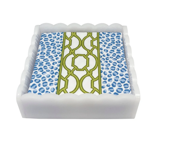 White Scallop Acrylic Beverage Napkin Box w/Knots and Spots Napkins