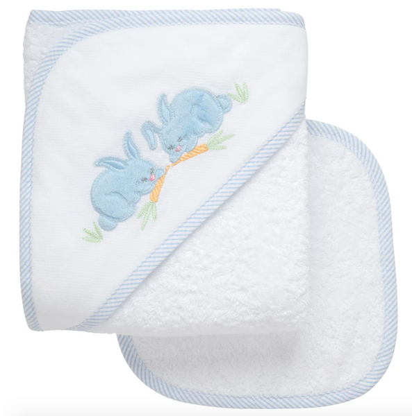 Bunny Applique Hooded Towel & Washcloth Set | Blue