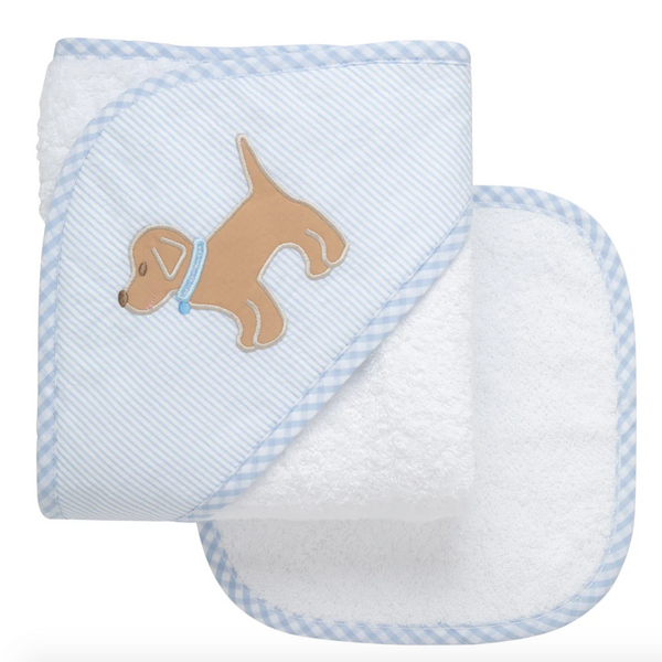 Puppy Applique Hooded Towel & Washcloth Set | Blue