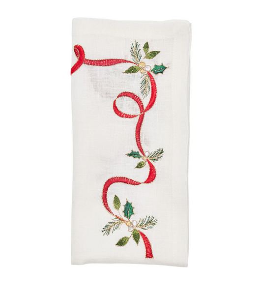 Christmas Ribbon Napkin | White Red & Green