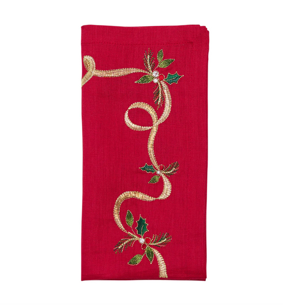 Christmas Ribbon Napkin | Red Green/Gold