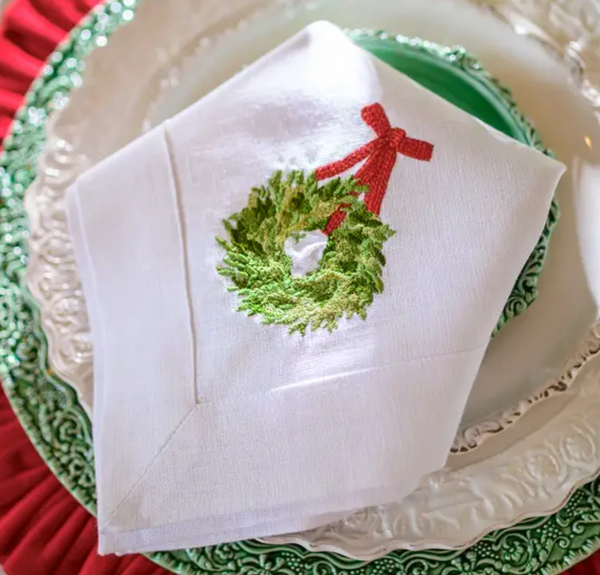 Boxwood Wreath Napkin | Red Ribbon