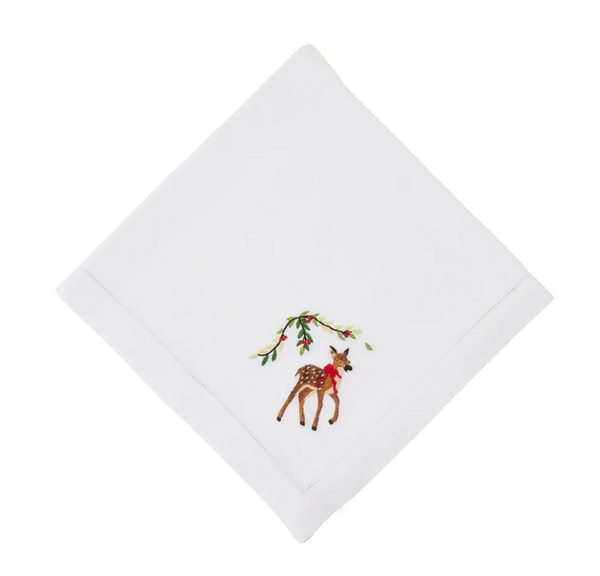 Festive Fawn Embroidered Napkin | White